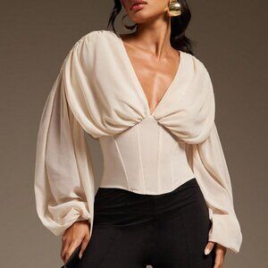 Apricot Elegant Women's Sexy Soft Chiffon Corset Balloon Sleeve Blouse